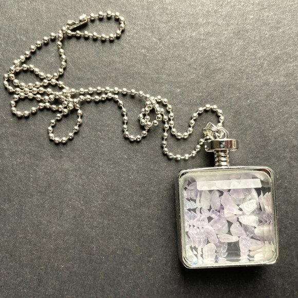✨ Pendant Necklace Crushed Amethyst Stone Shaker Square Frame Bottle Silver Tone - Picture 1 of 14